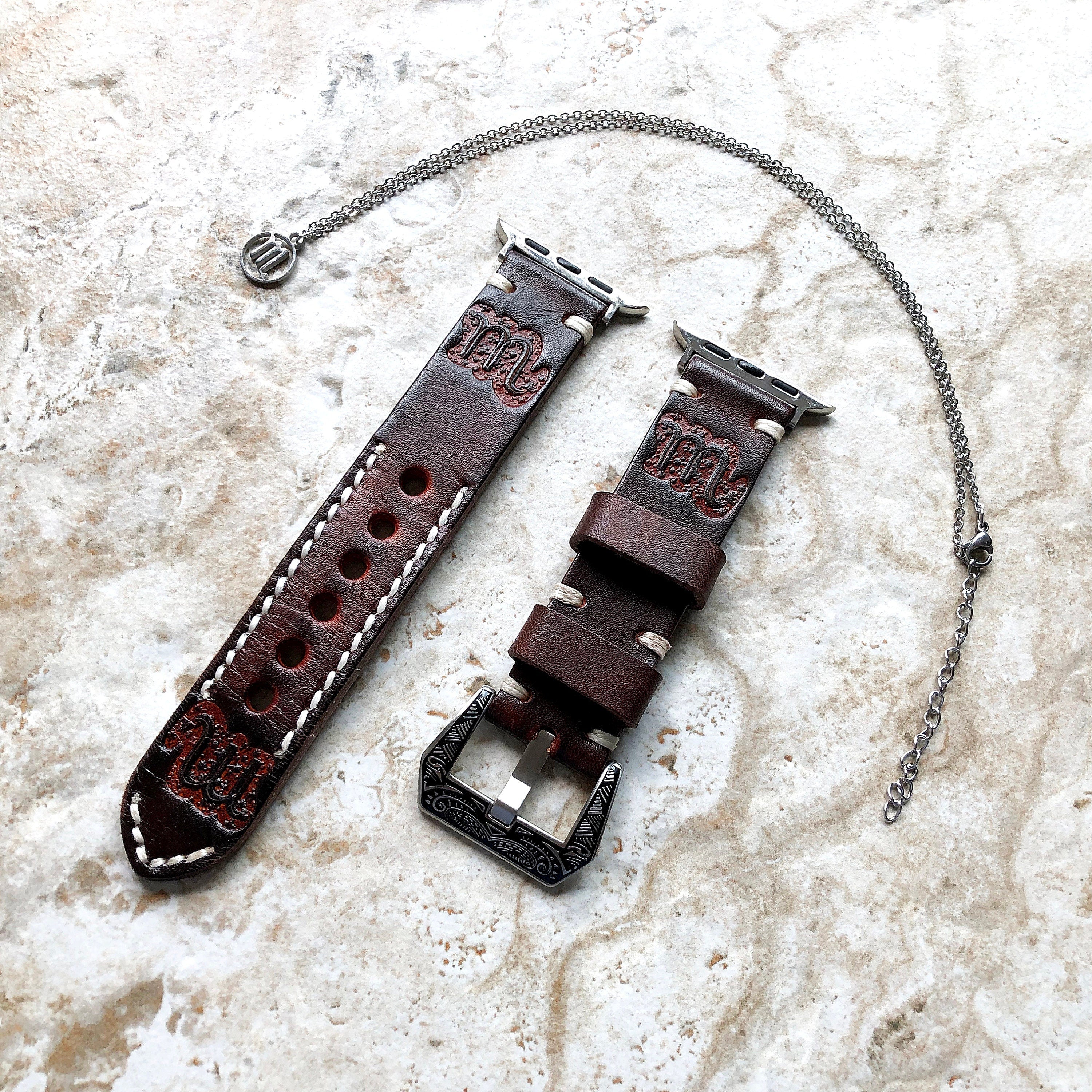 Apple Watch Scorpio Zodiac Band Set for iWatch Ultra 2 49mm and 9 8 Series 41mm 45mm Case Brown Leather Embossed Strap Bracelet and Necklace